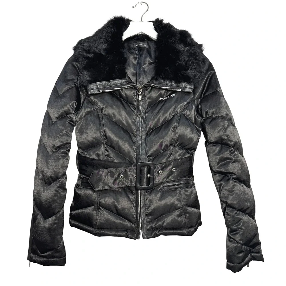 Vintage Bebe Y2K Black Quilted Puffer Jacket Rabbit Fur/Leather Belted Womens S